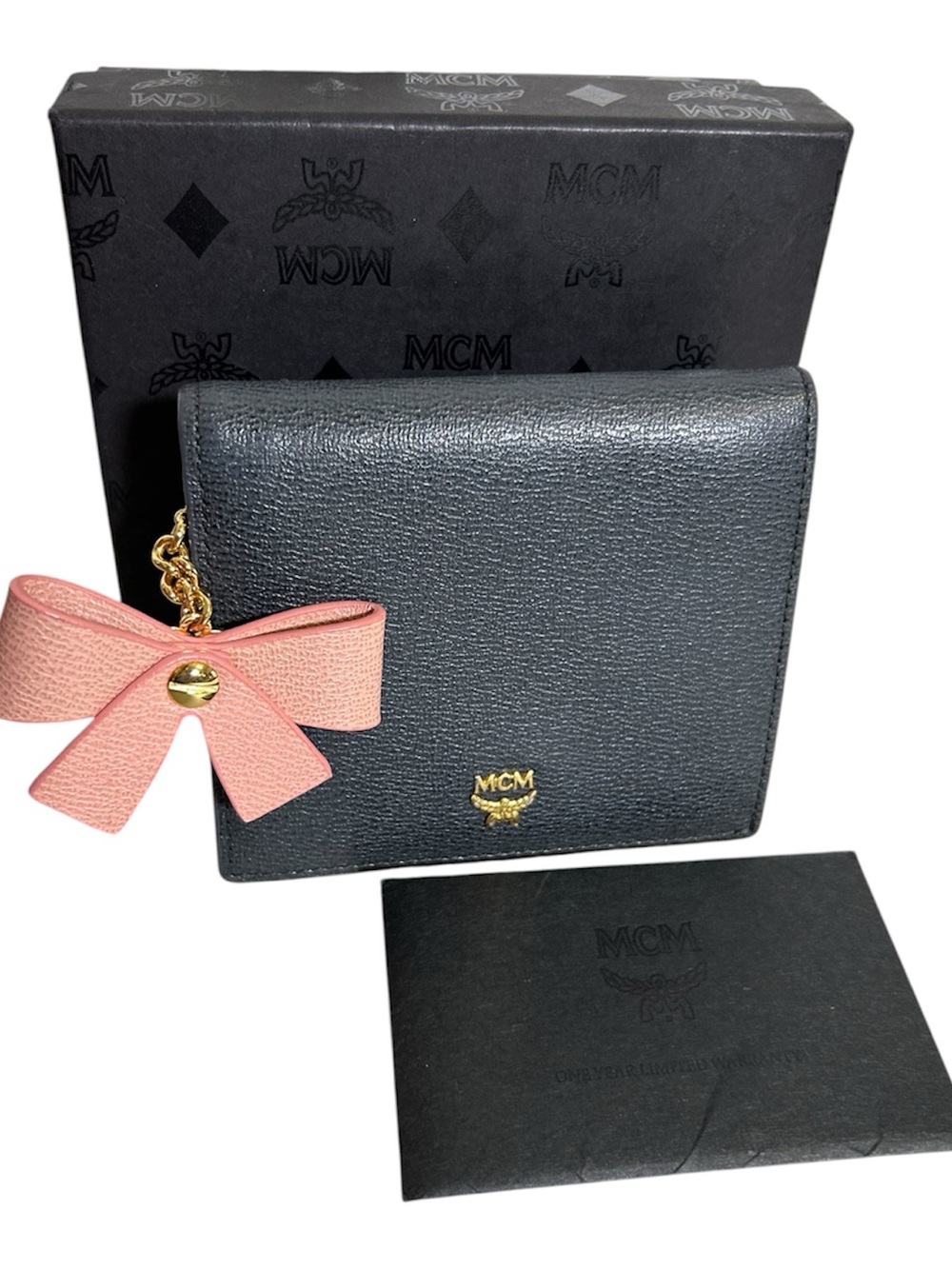 MCM Black Leather Bifold Wallet with Pink Bow Charm and Gold Logo